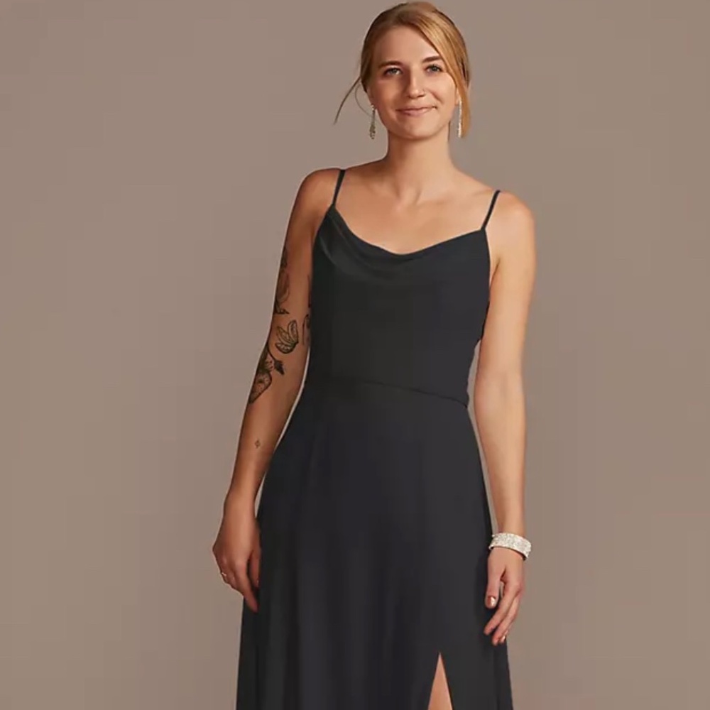 David’s Bridal Cowl Neck chiffon bridesmaid dress with slit - with alterations